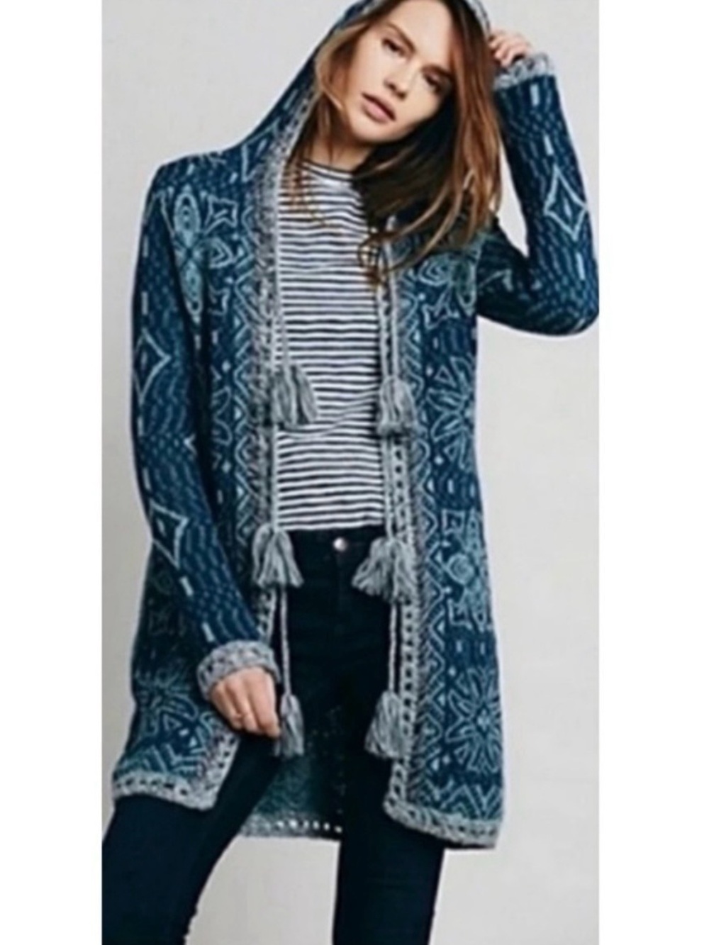 Free People Kai Pom Pom Fringe Geo Print Hooded Longline Long Cardigan Sweater M